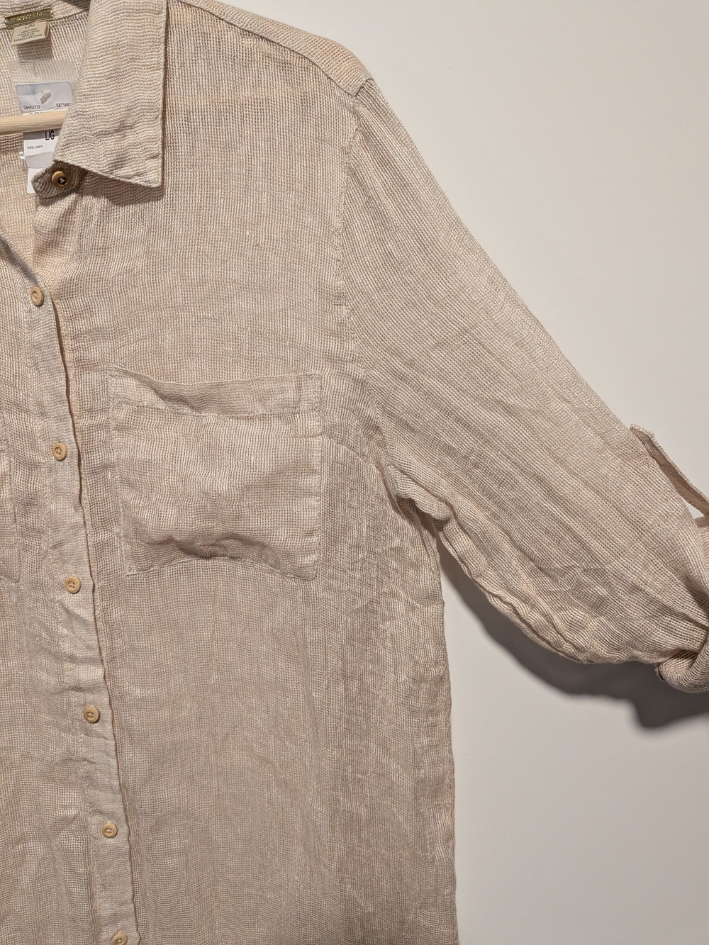 Magaschoni Soft Sand 100% Linen Shirt Dress L Roll Tab Sleeve NWT - Picture 2 of 7